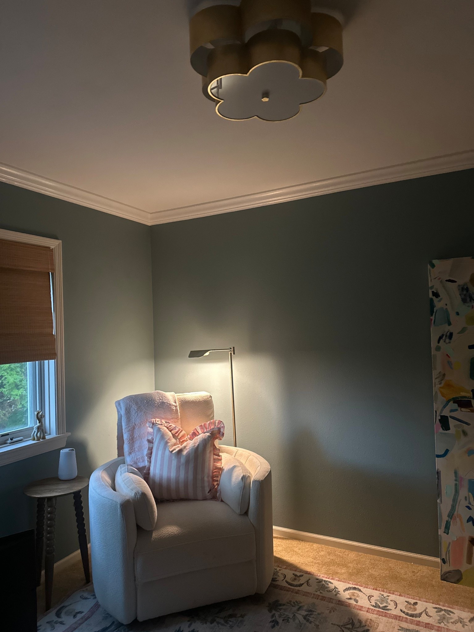Baby girls nursery coming along! Paint color is delft by Sherwin Williams. 

Nesting, baby, August baby, pregnant, bedroom, visual comfort Arabelle flush mount, rocker, glider, cozy

#LTKFamily #LTKBump #LTKBaby