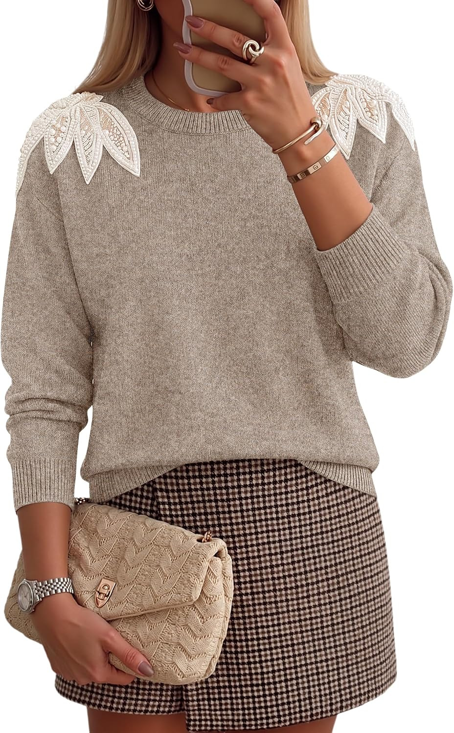 ZESICA Women's Fall Wniter Cozy Sweaters Pearls Lace Trim Pullover Tops | Amazon (US)