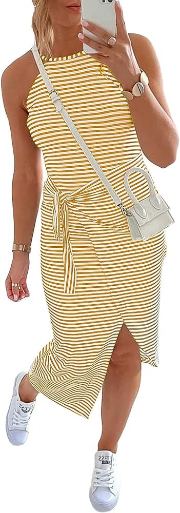 NOLLSOM Women Casual Sleeveless Striped Tank Midi Dresses Halter Neck Ruched Bodycon Dresses Tie ... | Amazon (US)