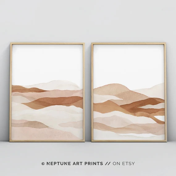 Set of 2 Piece Neutral Wall Art, Abstract Painting, Wall Art Prints, Beige Print, Instant Digital... | Etsy (US)