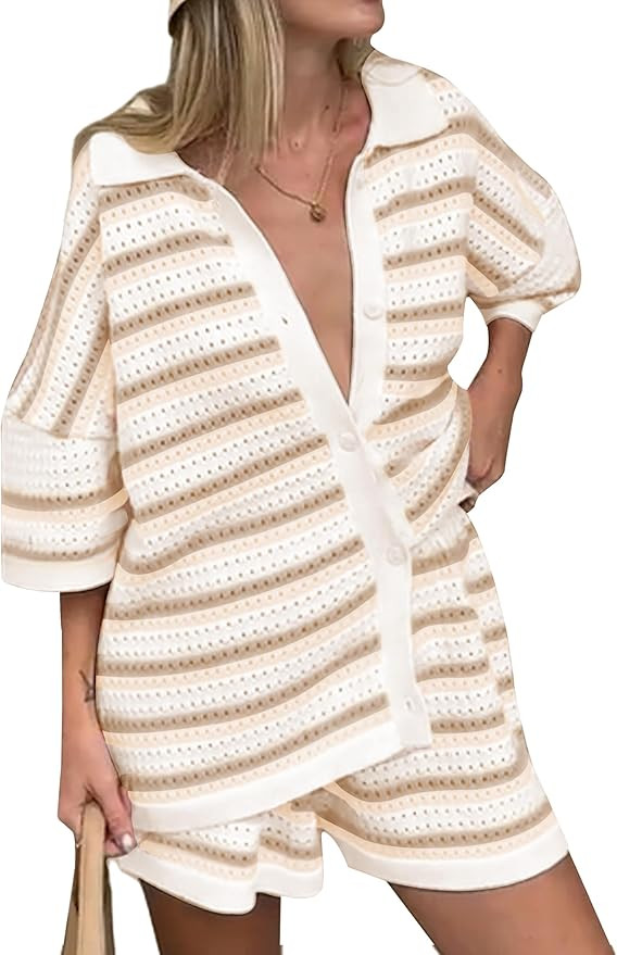 Lounge Sets for Women Striped Knit Set Color Block Button Top and Shorts Two Piece Loungewear | Amazon (US)
