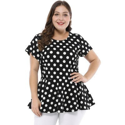 Agnes Orinda Women's Plus Size Polka Dots Crew Neck Short Sleeves Casual Peplum Top 4X Black | Target