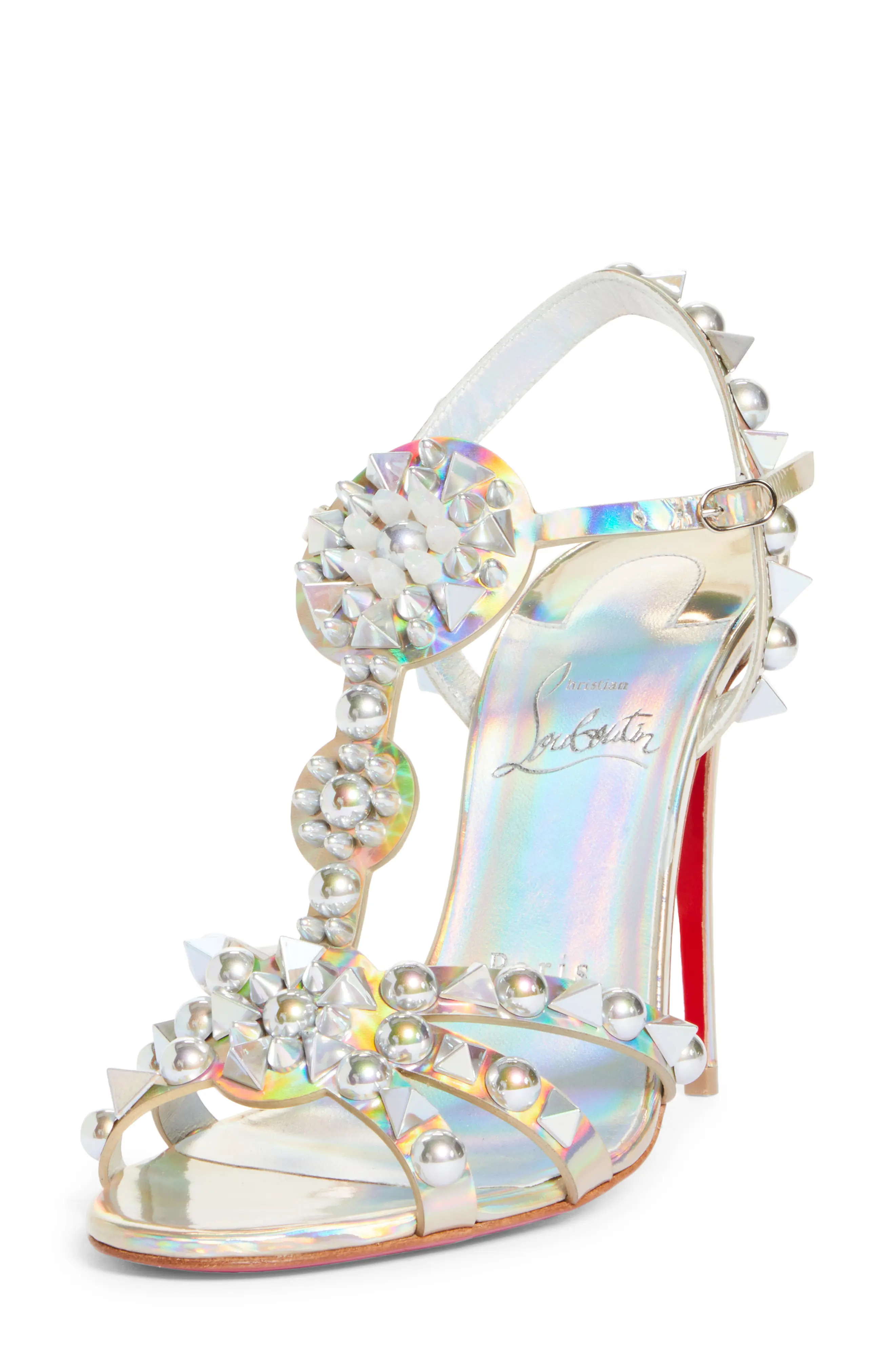 Christian Louboutin Goldora Embellished T-Strap Sandal, Size 7Us in Crystal/Silver at Nordstrom | Nordstrom