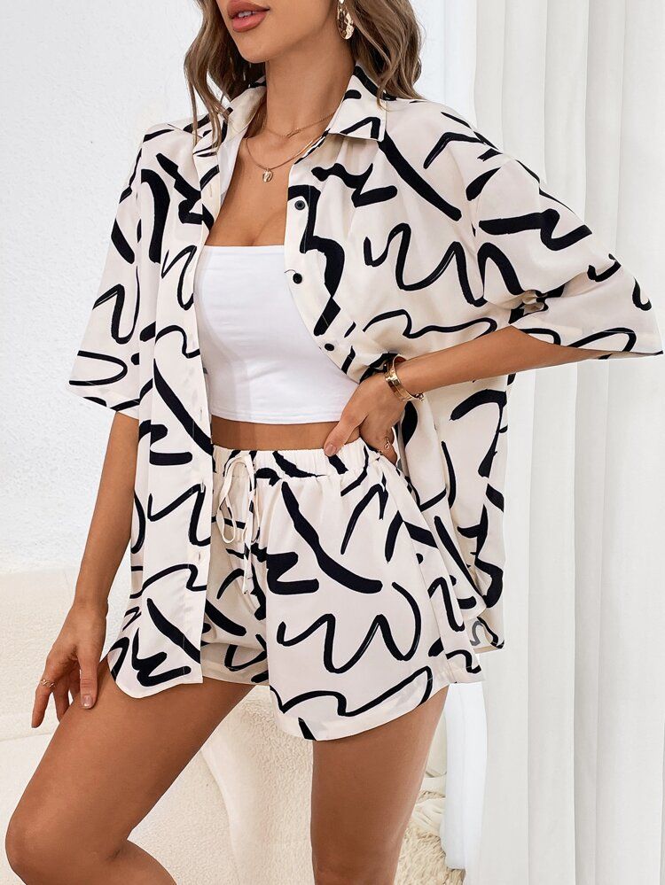 SHEIN Unity Allover Print Drop Shoulder Shirt & Shorts Without Cami Top | SHEIN