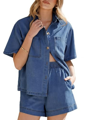 Sidefeel Womens 2 Piece Sets Denim Summer Outfits Comfy Short Sleeve Button Down Shirt High Waisted Matching Shorts Lounge Sets Blue Large | Amazon (US)