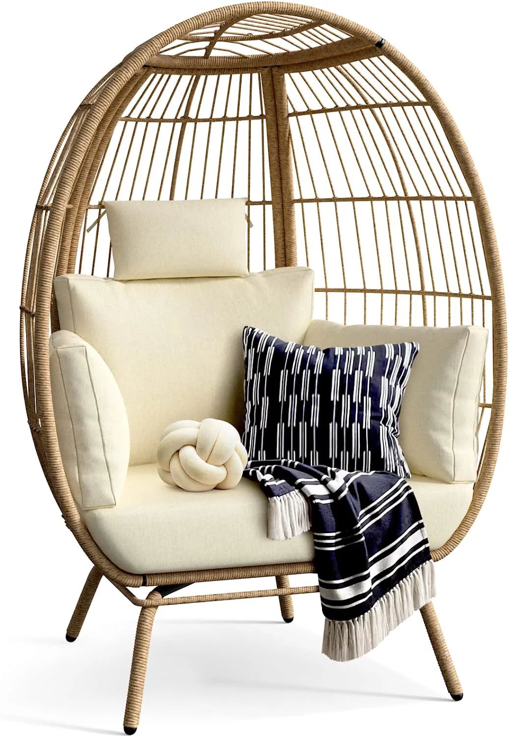 YITAHOME Wicker Egg Chair Outdoor Indoor Oversized Lounger with Stand and Cushions Egg Basket Cha... | Walmart (US)