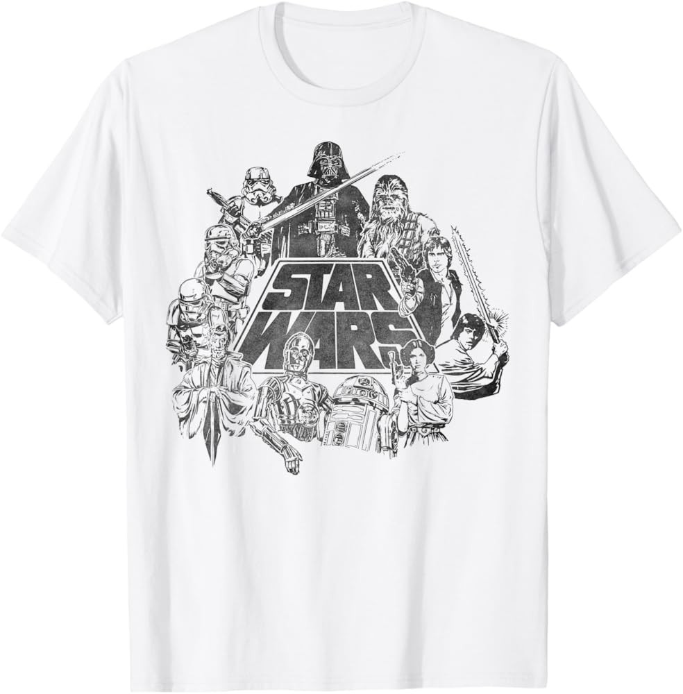 Star Wars Classic Characters Cast Line Art Vintage Disney+ T-Shirt | Amazon (US)