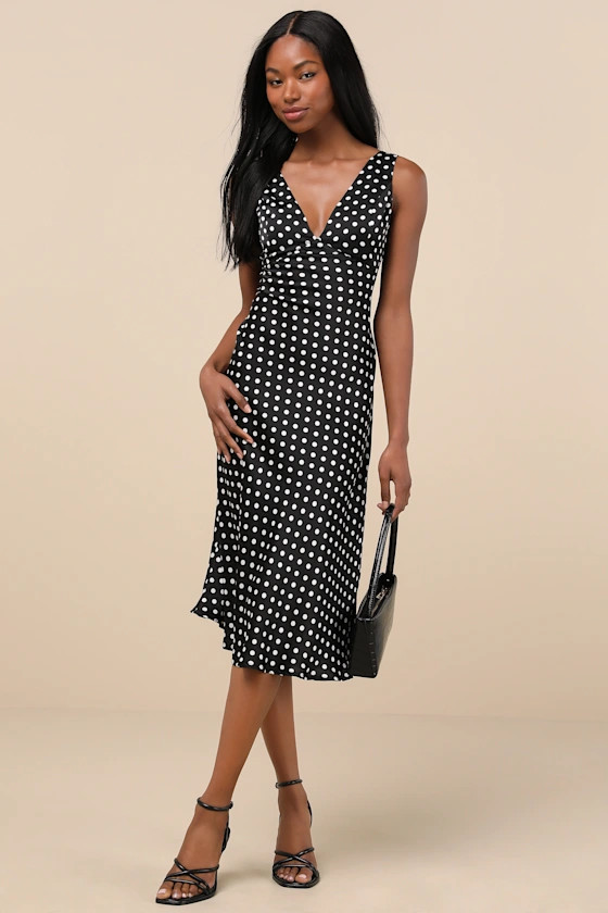 Incredible Love Black Polka Dot Satin Cowl Back Midi Slip Dress | Lulus