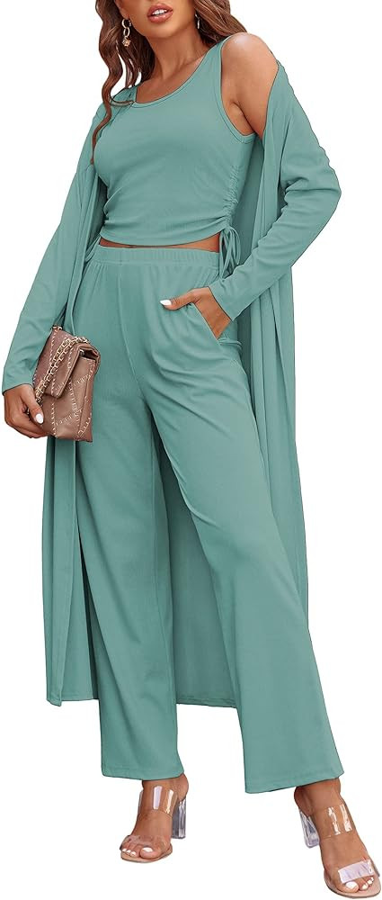 Ekouaer Women's 3 Piece Knit Lounge Set Pajama Long Sleeve Cardigan Sleeveless Top Pants Sweatsui... | Amazon (US)