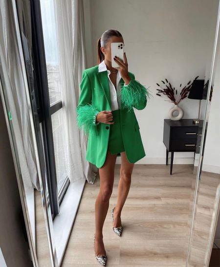 Green blazer, white shirt, mini green skirt, zebra print point toe heels slingback

#LTKstyletip #LTKeurope #LTKSeasonal