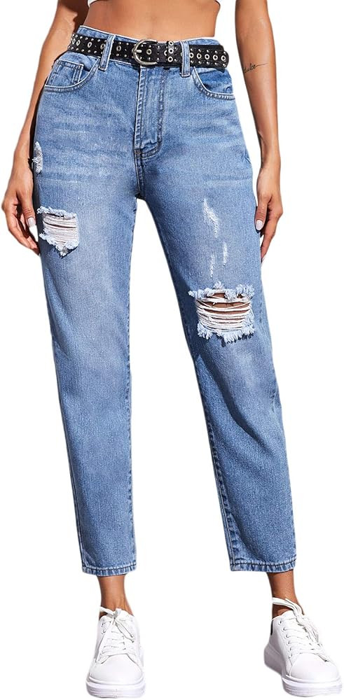 SweatyRocks Women's Ripped Boyfriend Jeans Distressed Denim Ankle Length Jeans | Amazon (US)