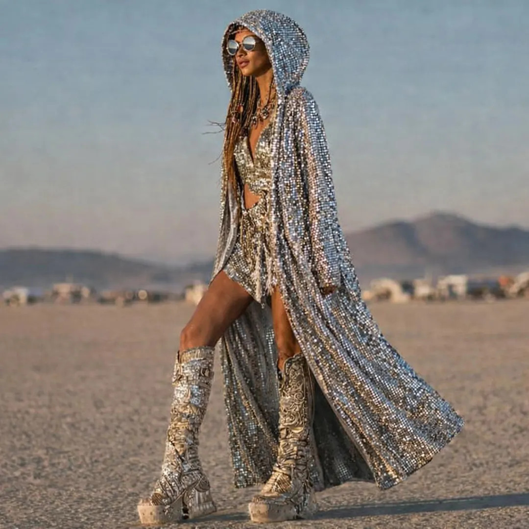 Silver Metallic Hooded Duster – Burning Man Festival Outfit, Maxi Coat | Etsy (US)