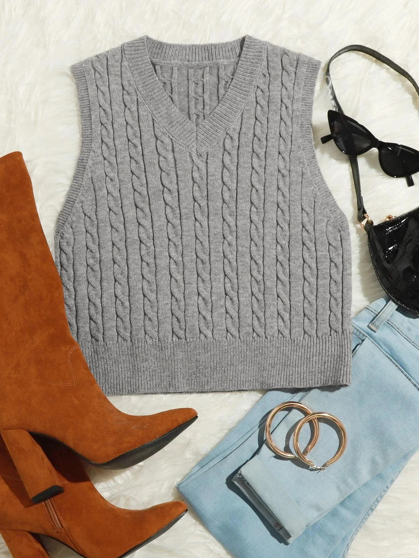 Hotian Women Cable Knit Sweater Vest V Neck Pullover Gray S | Walmart (US)
