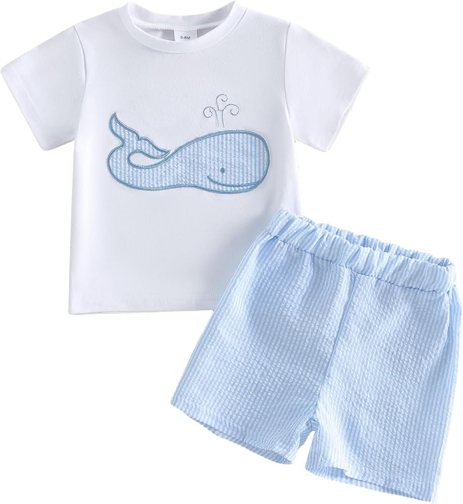 Bagilaanoe 2PCS Summer Outfit Toddler Baby Boy Sailboat/Helicopter/Fish Short Sleeve T-Shirt Plai... | Amazon (US)