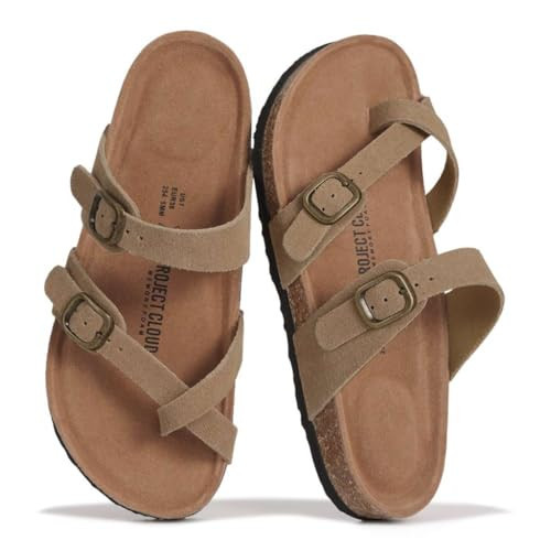 Project Cloud 100% Genuine Leather Womens Sandals -Lightweight Womens Slides Memory Foam Insole & Cork Footbed Sandals Women - Non-Slip Beach Essentials Summer Sandals for Women 2026(Lian,CHSTNUT,8.5) | Amazon (US)