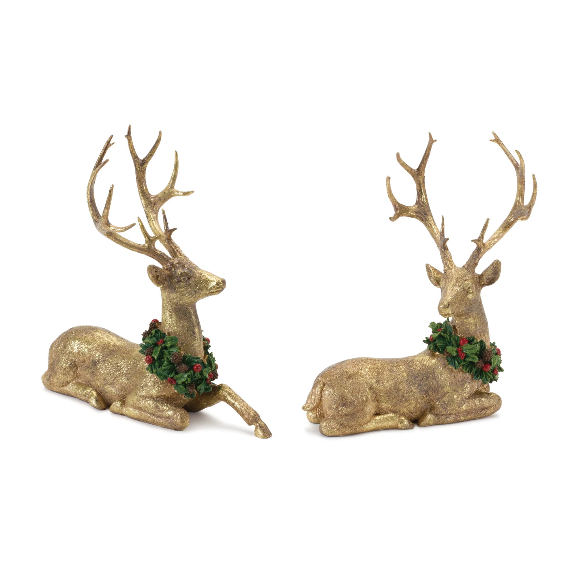 Laying Deer Figurine with Holly Wreath (Set of 2) | Wayfair North America