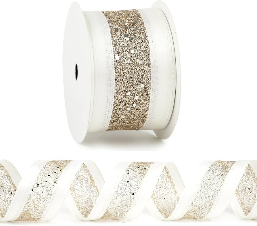 Ivory Wired Ribbon 2.5" X 10 Yards Ivory Satin Ribbon with Gold Mesh Wired Ribbon for Christmas T... | Amazon (US)