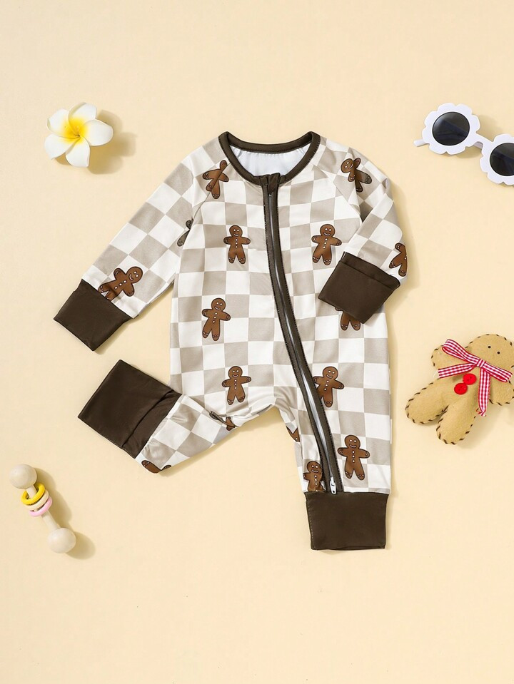 Infant/Baby Girl Simple & Fashion Gingham Gingerbread Print Full Zip Footed Jumpsuit | SHEIN