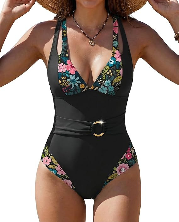 SHESHOW Black One Piece Swimsuits for Women Floral Color Block Bathing Suit Full Coverage Slimmin... | Amazon (US)