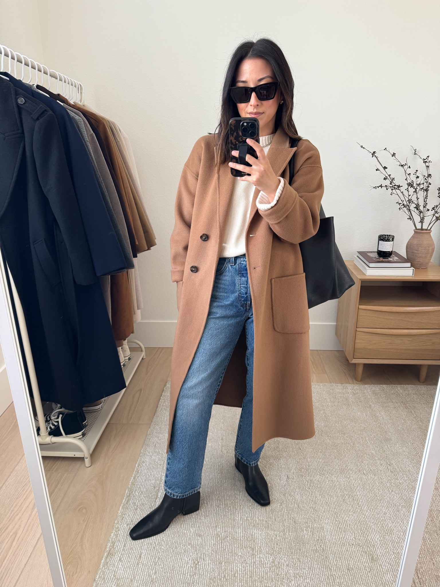 Fall workwear outfit ideas with denim

Anine Bing Dylan coat xxs - old
Everlane cashmere sweater xs
Levi's 501 Crop 25
Steve Madden boots 5.5
Mansur Gavriel tote YSL sunglasses