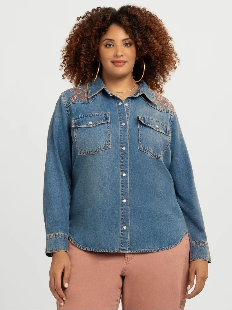 Jessica Simpson Women's Relaxed Denim Shirt with Long Sleeves, Sizes XS-4X | Walmart (US)