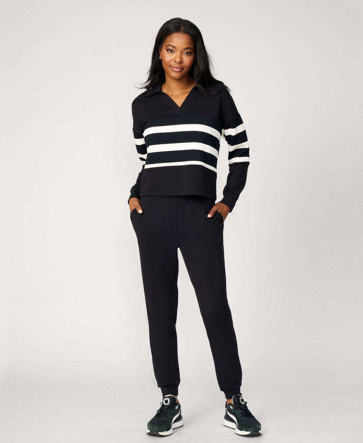 Cable & Gauge Women's Striped Polo & Jogger Lounge Set - Jet black whitecap grey | Macy's