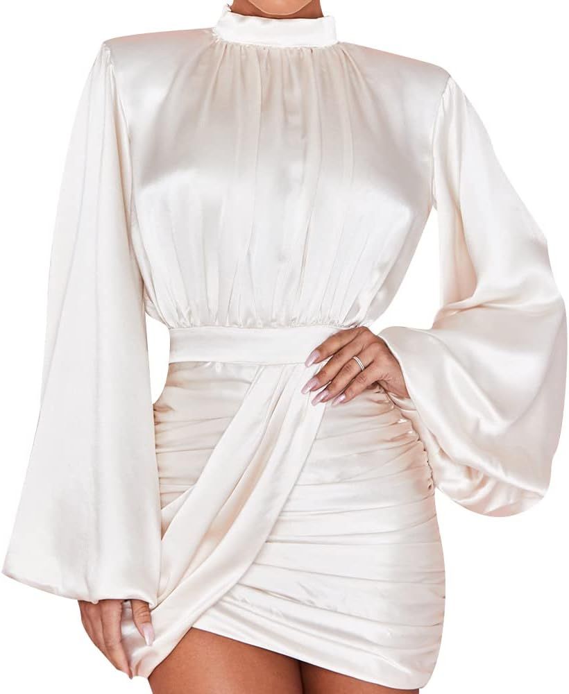 GEMEIQ Women’s Long Lantern Sleeve Ruched Bodycon Dresses High Neck Wrap Front Cocktail Club Dress w | Amazon (US)
