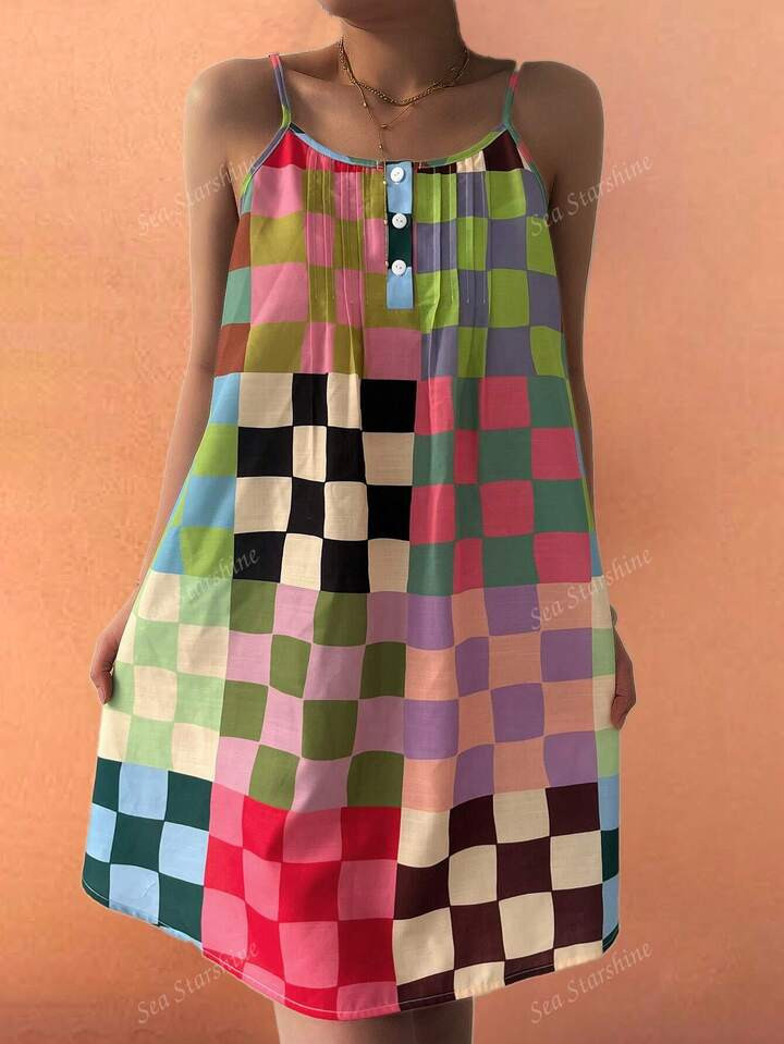 Sea Starshine Summer Bohemian Casual Vacation Fashion Beach Women's Clashing Diamond Check Random Printed Printed Each Piece Is Unique Halter Graduation Skirt | SHEIN