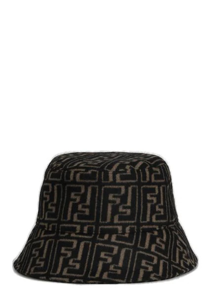 Fendi Men's Logo Printed Raffia Bucket Hat in Beige Nero | Size Small | FXQ801ALGUF0D8J | LOZURI