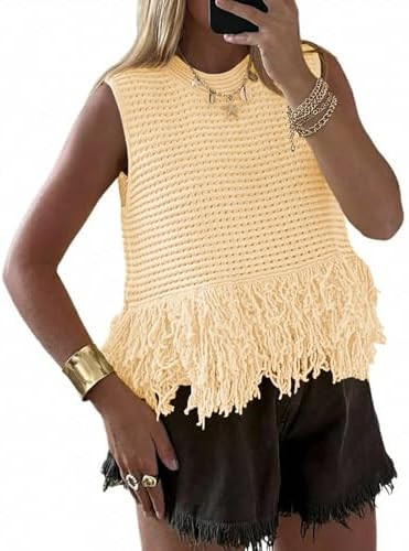 Saodimallsu Womens Crochet Crop Tank Tops Sleeveless Fringe Crew Neck Trendy Boho Knit Summer Swe... | Amazon (US)