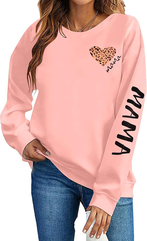 SFHFY Mama Crewneck Sweatshirt Women: Lightweight Mom Long Sleeve Shirt Bow Mama Letter Print Pul... | Amazon (US)