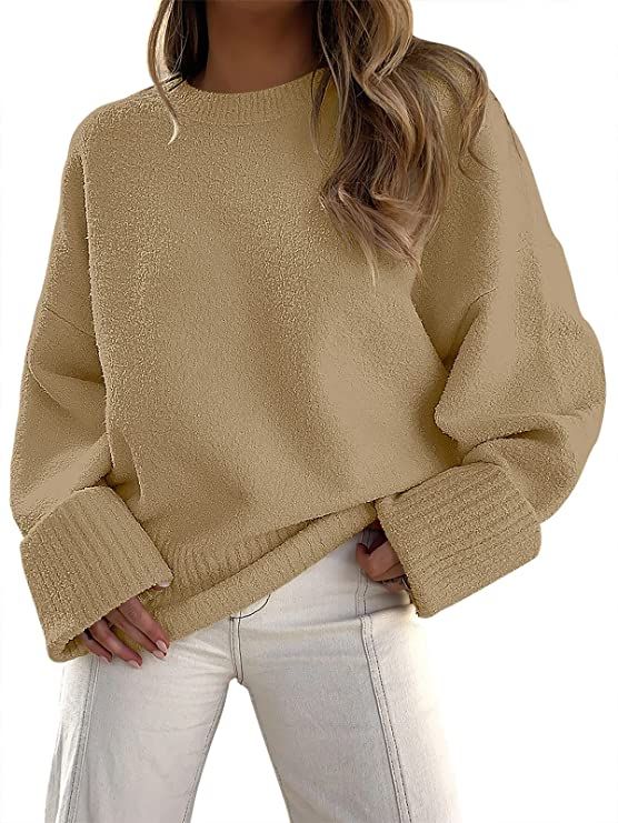 Amazon.com: LOGENE Women's Oversized Long Sleeve Casual Loose Knit Sweater Crew Neck Solid Color Swe | Amazon (US)