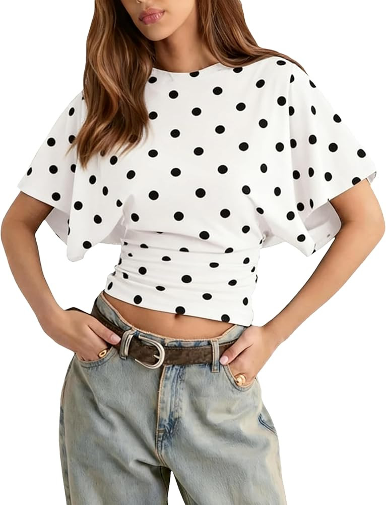 Lumister Shirts for Womens Crewneck Tighten Waist T-Shirt Casual Short Sleeve Workout Tops Solid ... | Amazon (US)
