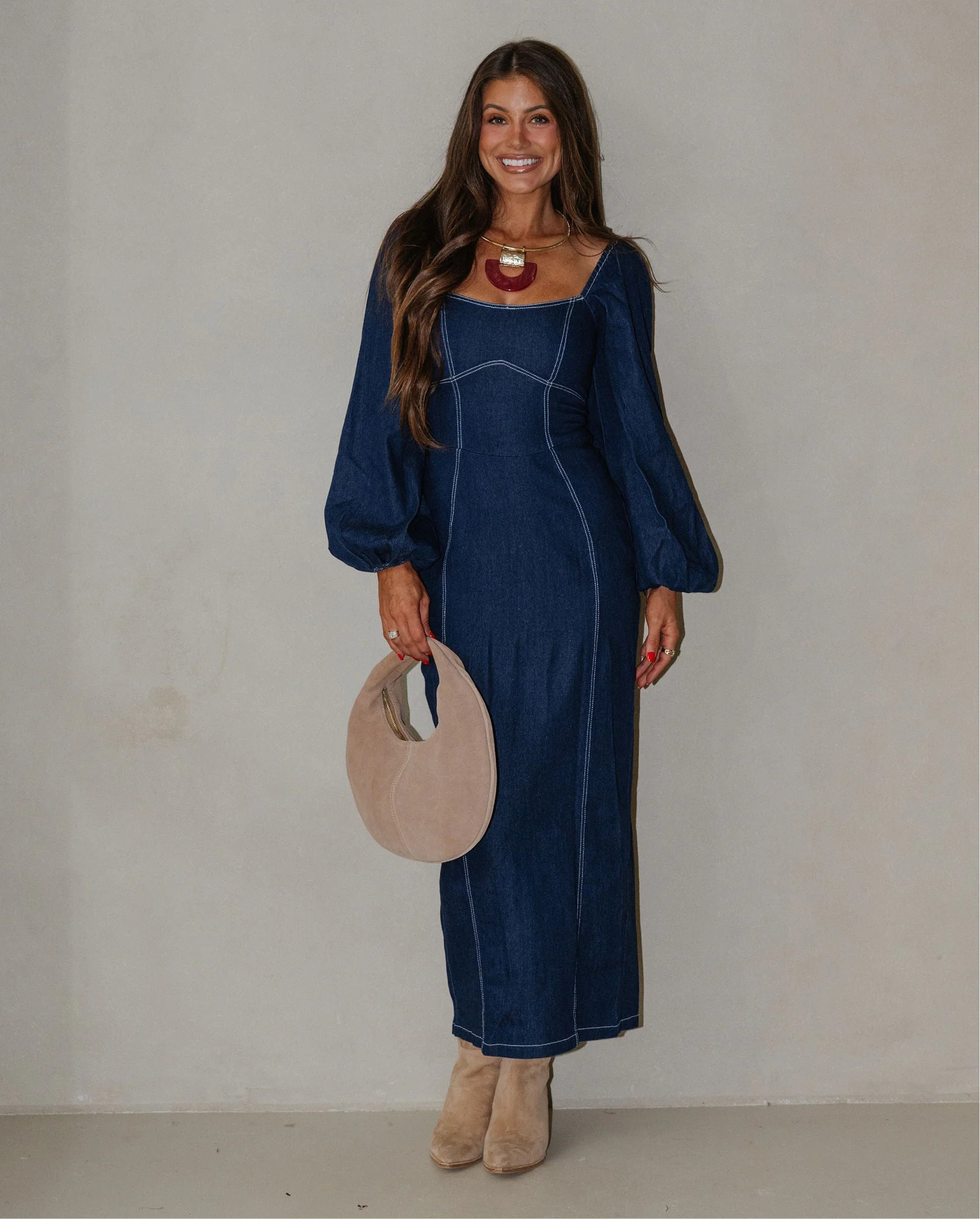 Balloon Sleeve Midi Dress-Indigo | These Three