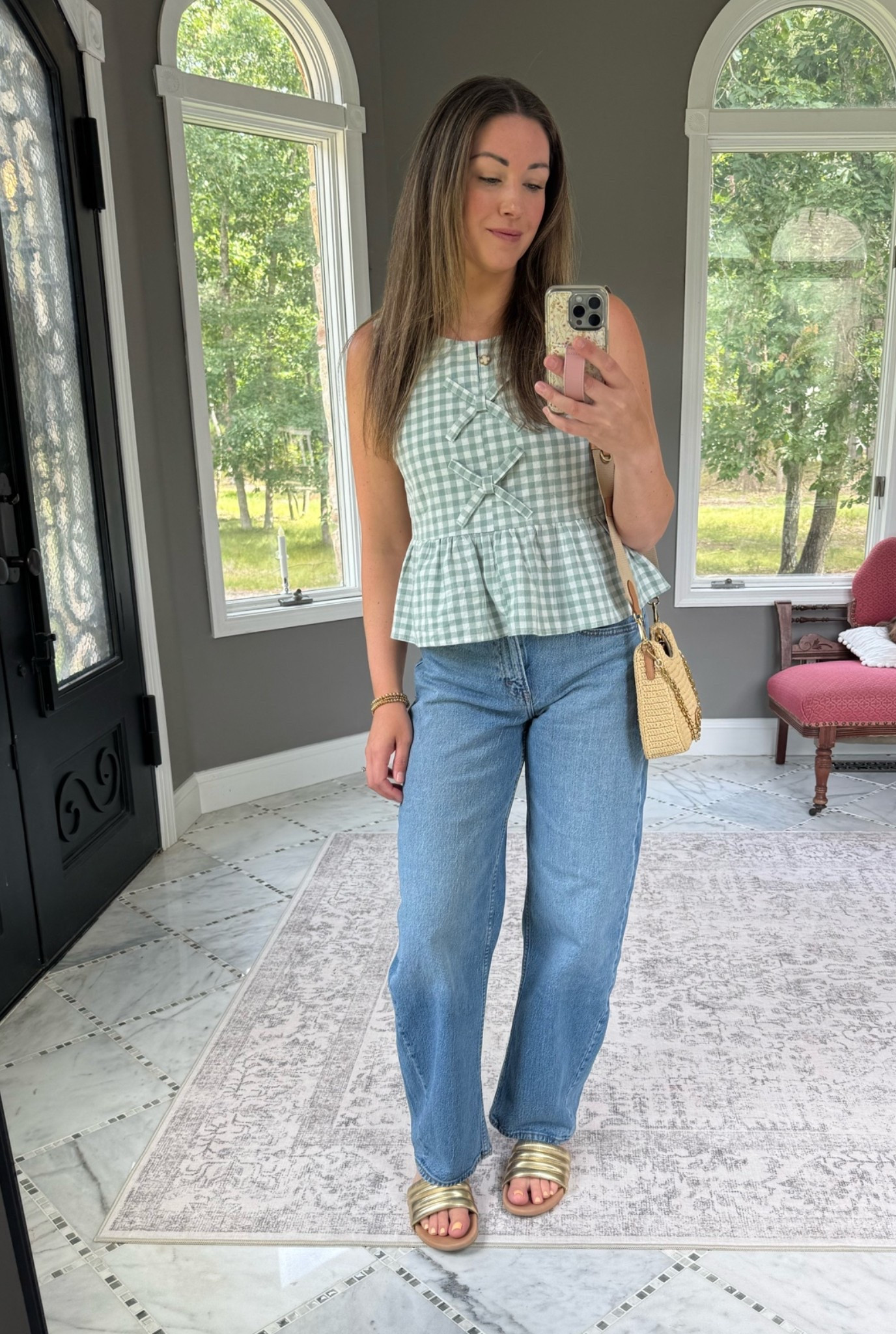 Loving this gingham top! 

early fall outfit, early fall fashion, fall outfit ideas, fall fashion 2026, transitional outfit, high rise barrel jeans, barrel leg jeans outfit, barrel jeans women, gingham peplum top, gingham top with bows, feminine fall outfit, casual chic outfit, mom outfit ideas, everyday fall style, fall jeans outfit, late summer fall outfit, Prada bag outfit, designer bag outfit, women’s fall fashion, fall style inspiration

#LTKSeasonal #LTKootd #LTKmomlife