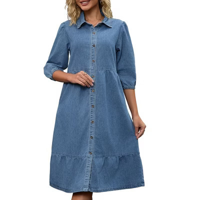 INSPIRE CHIC Women's Puff 3/4 Sleeve Button Up Collar A-Line Swing Ruffle Tiered Midi Denim Dress XX-Large Light Blue | Target