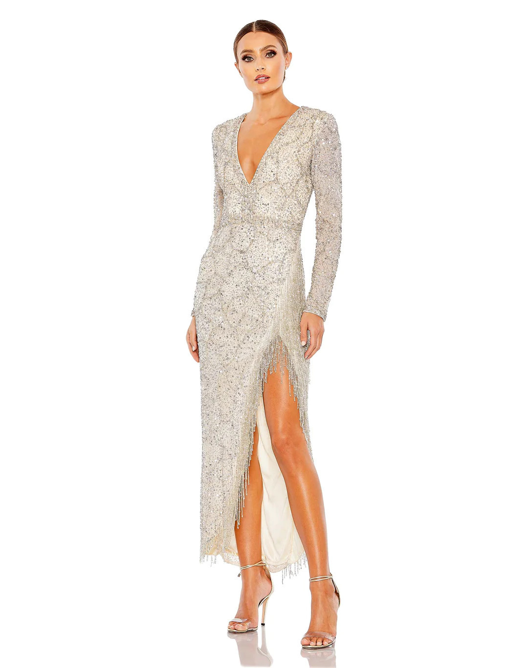 Embellished Long Sleeve V Neck Beaded Hem Gown | Mac Duggal