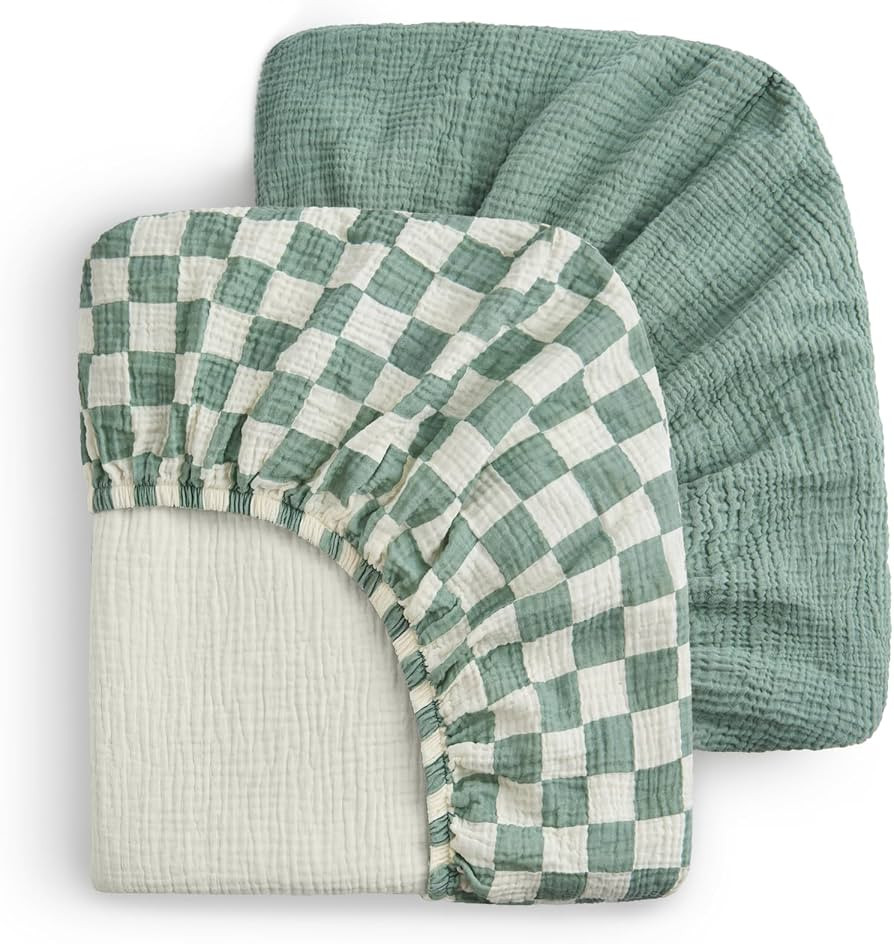 Blissful Diary Muslin Crib Sheets, 2 Pack, Sage Checkboard & Sage Green     fitted for 52''x28'' ... | Amazon (US)