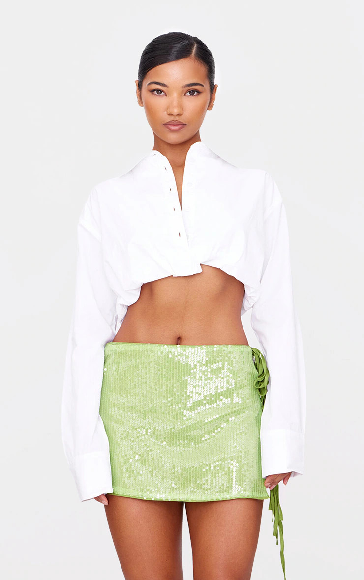 Bright Green Tie Side Detail Sequin Mini Skirt | PrettyLittleThing US