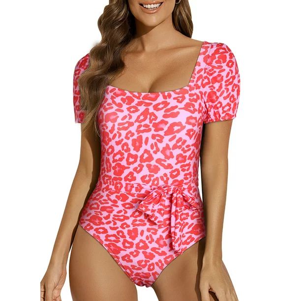 Rosfancy Women Square Neck One Piece Swimsuits Padded Tummy Control Tie Waist Monokini Athletic S... | Walmart (US)