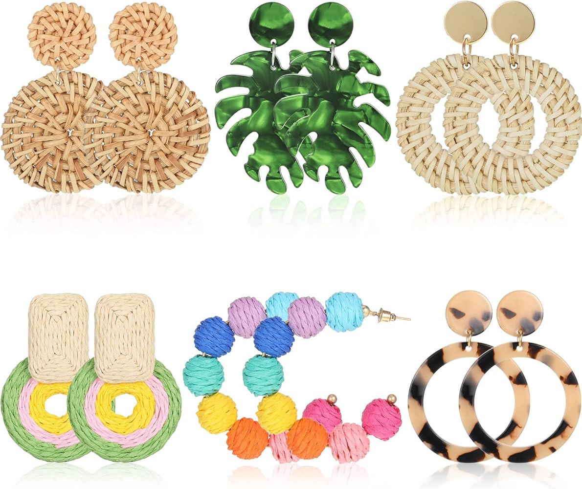 6 Pairs Rattan Earrings Straw Earrings Tassel Woven Bohemian Earring Handmade Wicker Braid Hoop D... | Amazon (US)