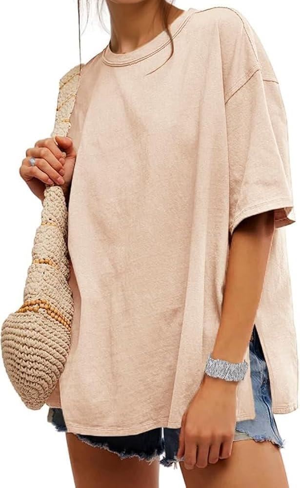 UNCLECAT Womens Oversized T Shirts Summer Trendy Short Sleeve Crew Neck Tops Loose Fit Side Slit ... | Amazon (US)