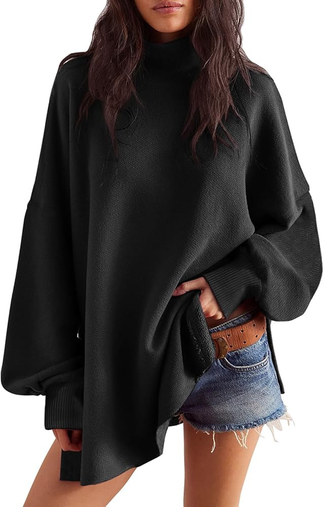 Saodimallsu Womens Turtleneck Oversized Sweaters Puff Sleeve Side Slit Casual Knit Tunic Pullover... | Amazon (US)