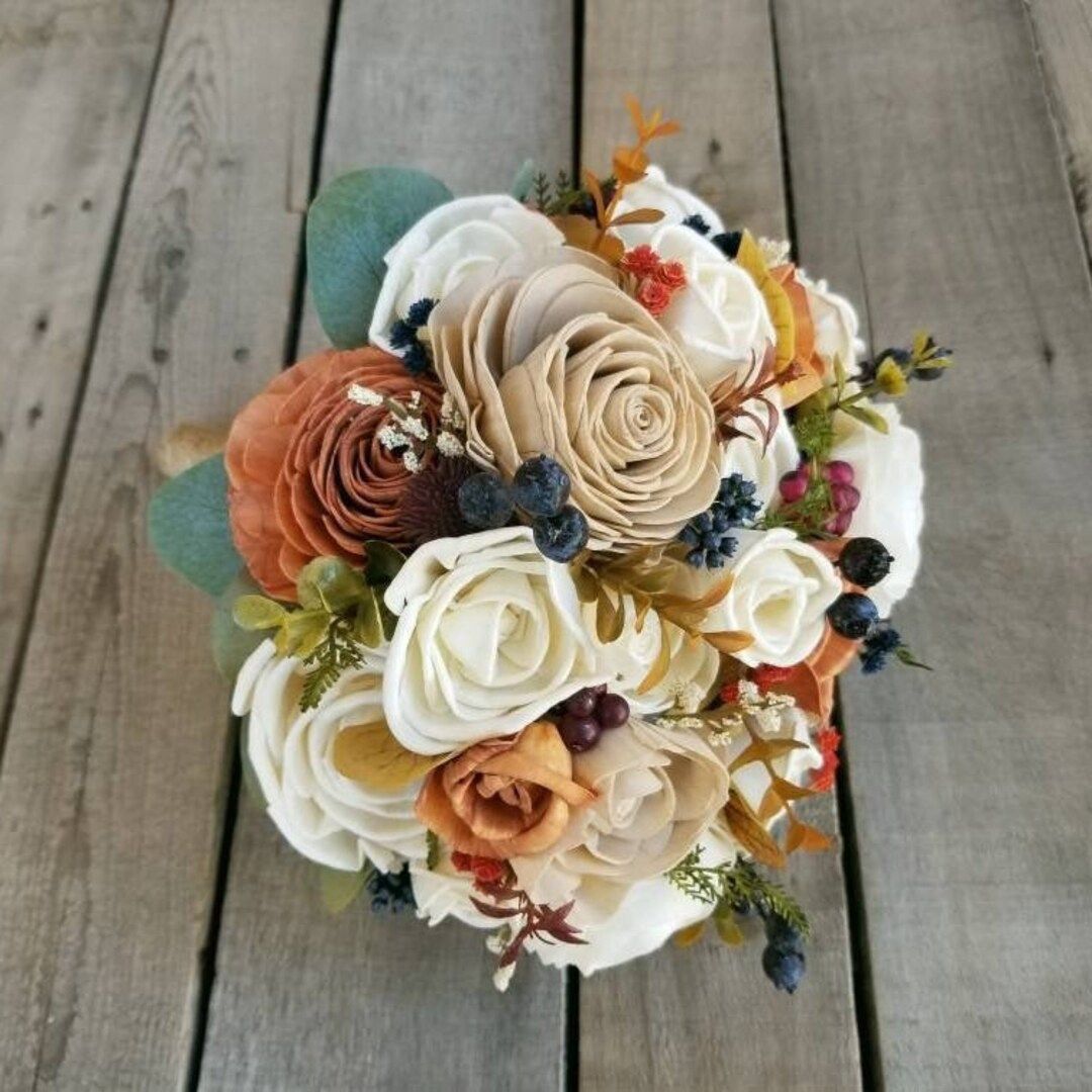 Wood Flower Bouquet, Fall Wedding Bouquet, Rose Gold Bridal Bouquet, Sola Wood Flowers, Fake Wedd... | Etsy (US)