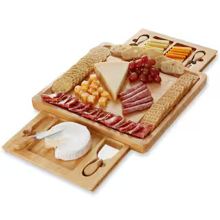 Casafield 14.25 in. Traditional Natural Brown Bamboo Cheese Board with Serving Trays and Cheese K... | The Home Depot