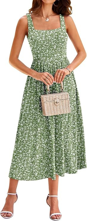 YATHON Women's Floral Midi Dress Casual Sleeveless Square Neck Tank Flowy Summer Beach Vacation S... | Amazon (US)
