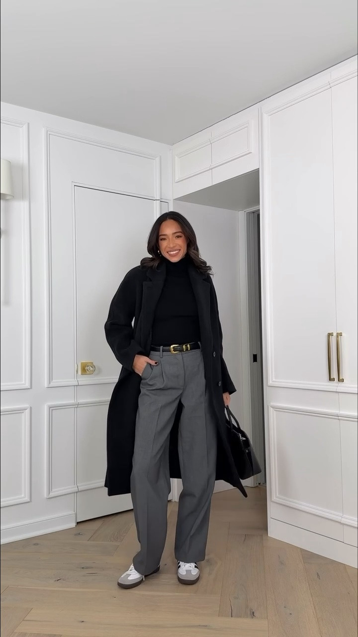 Chic office outfit 🖤 Wearing a Small in wool cashmere blend coat (heather black), XS in layering turtleneck, S in belt (black/antique brass), and size 4 in trousers (pre-bump). I’m 5’8” for reference! 

workwear, work outfit, closet staples, office outfit, fall outfits women, fall outfit, fall fashion, fall workwear

#LTKSeasonal #LTKSaleAlert