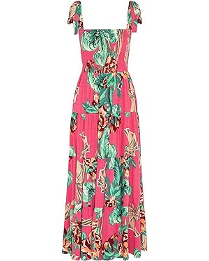 kinstell Women's Summer Boho Spaghetti Strap Square Neck Ruffle Casual Flowy Long Dress Beach Swi... | Amazon (US)