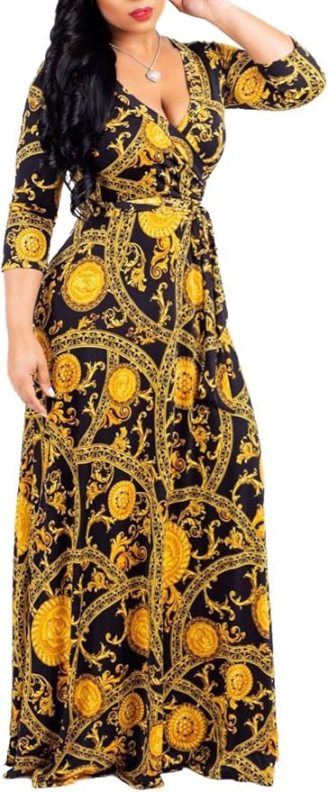 SheKiss Women's Sexy V Neck Floral Long Sleeves Maxi Dresses Casual Loose Party Prom Ladies Outfi... | Amazon (US)