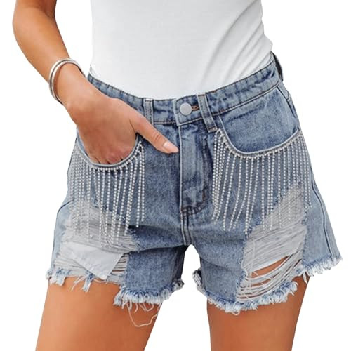 SPSHODOW Women High Rise Ripped Denim Shorts Casual Stretch Tassels Raw Hem Jean Shorts(Light Blue) | Amazon (US)